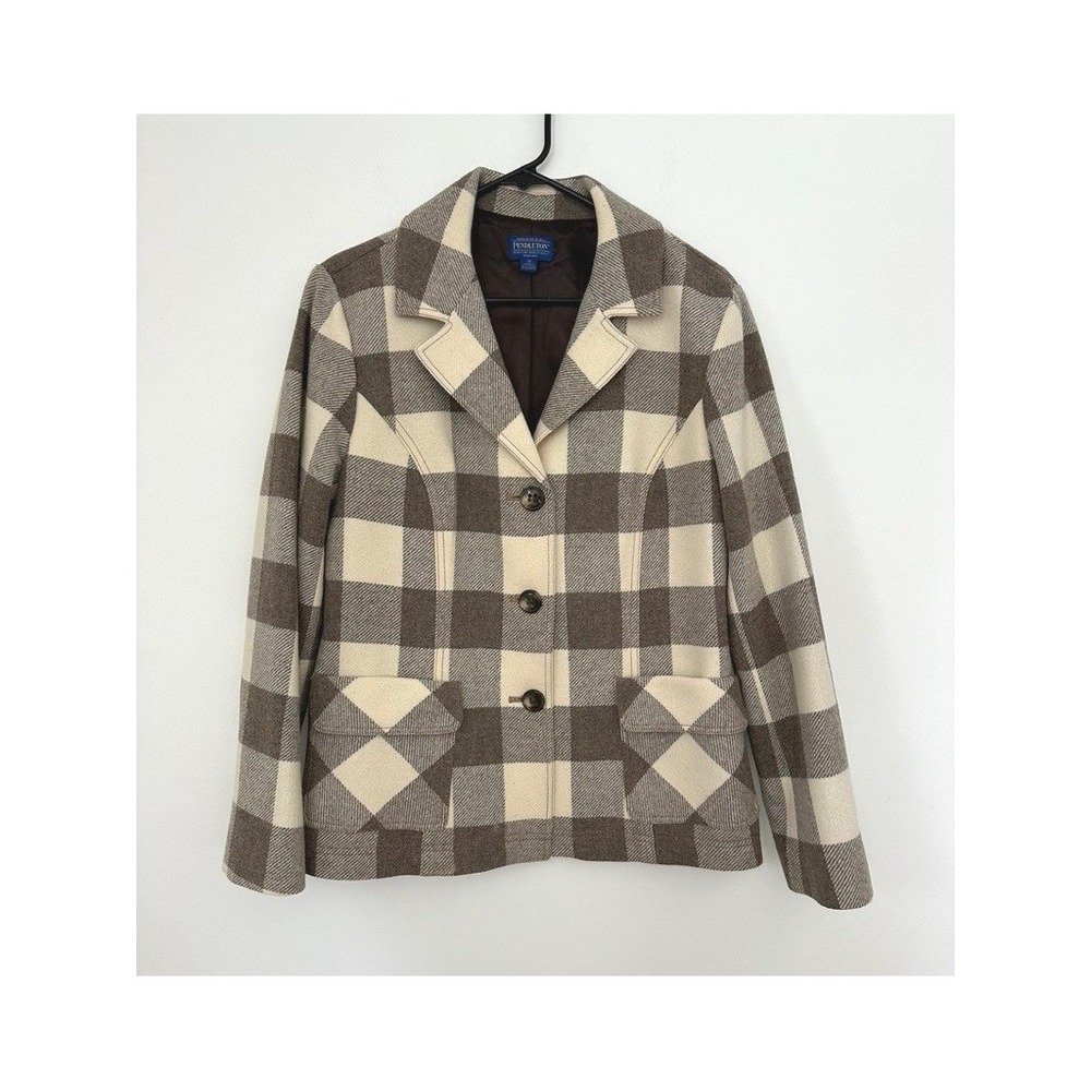 Pendleton Oregon Tweed Wool Blazer Women 14 Jacket Cream Buffalo Check Plaid